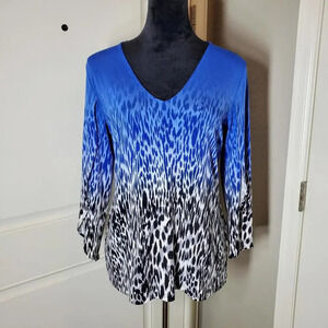 Calvin Klein Blue Ivory Ombre Animal Print Women's V-Neck Blouse Size Medium EUC